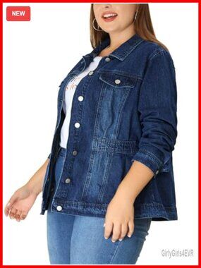 Women's Plus Size Washed Trucker Jean Jacket Western Outfit with Collared